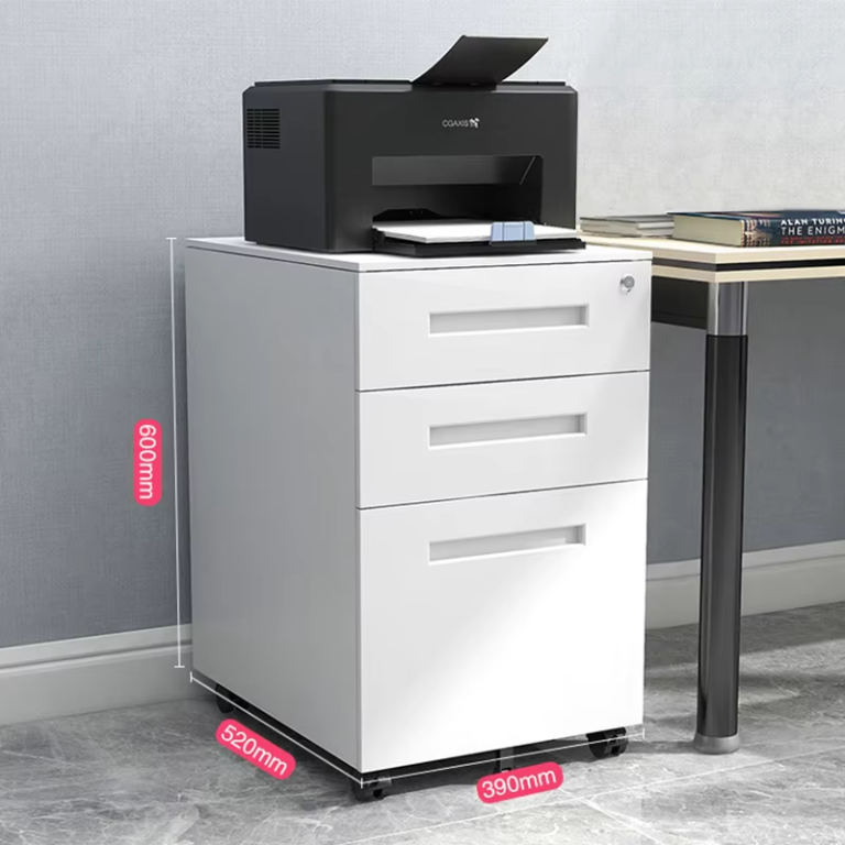 white file cabinet under desk