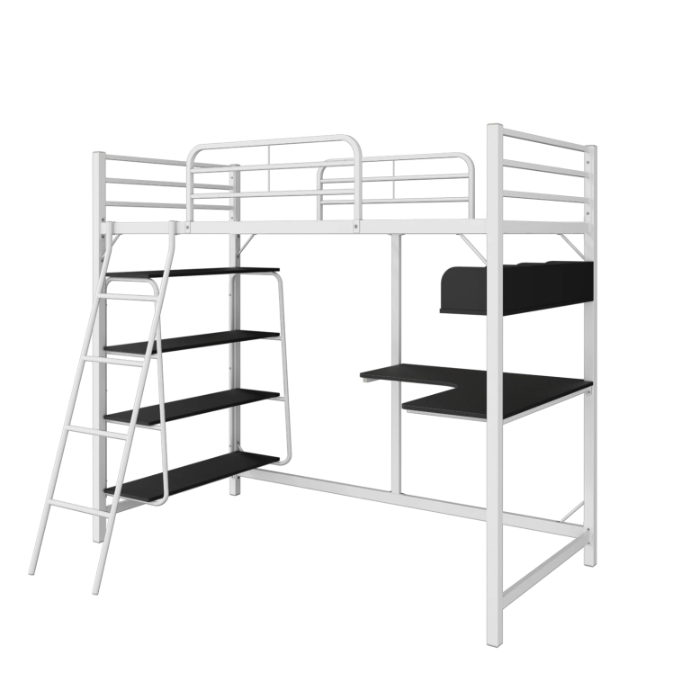 Adults metal loft bed frame with shelves
