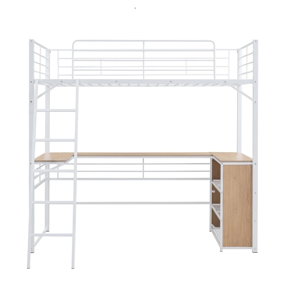 white steel loft bed with desk and shelves