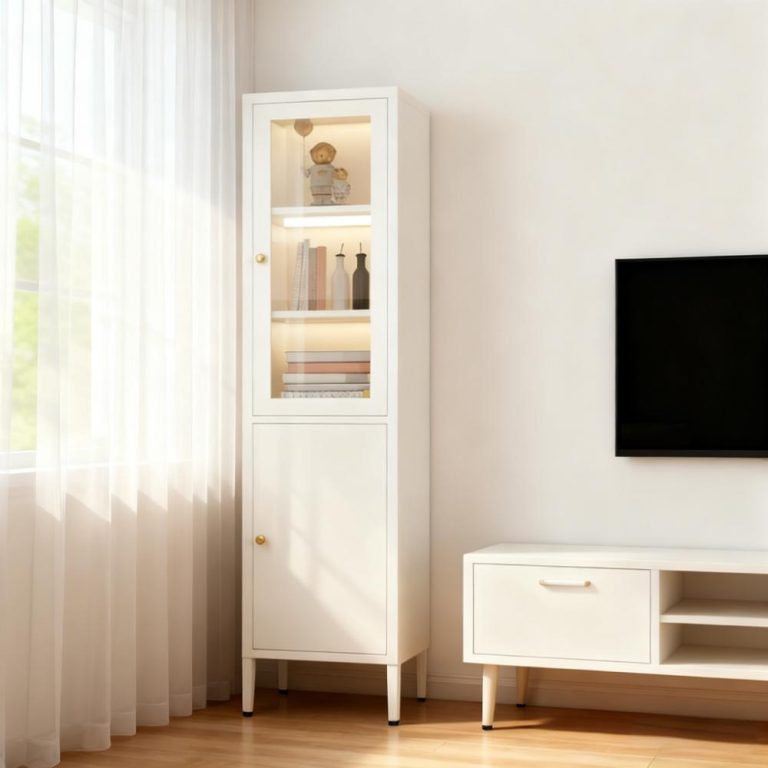 White Modern Storage Cabinet with Glass Door