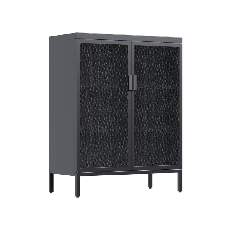 black metal cabinet with glass doors