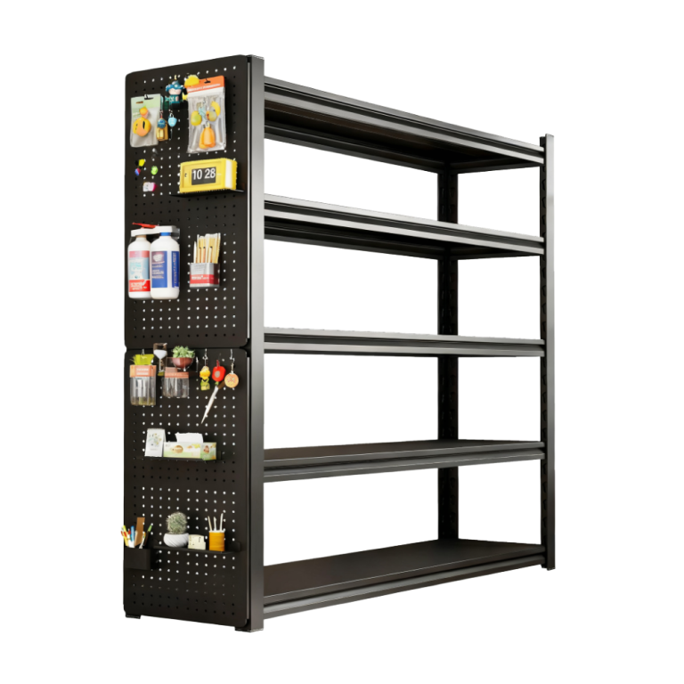 black steel shelving unit