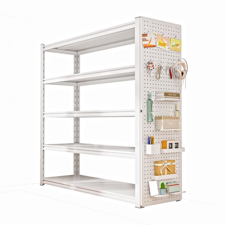 white metal shelving unit